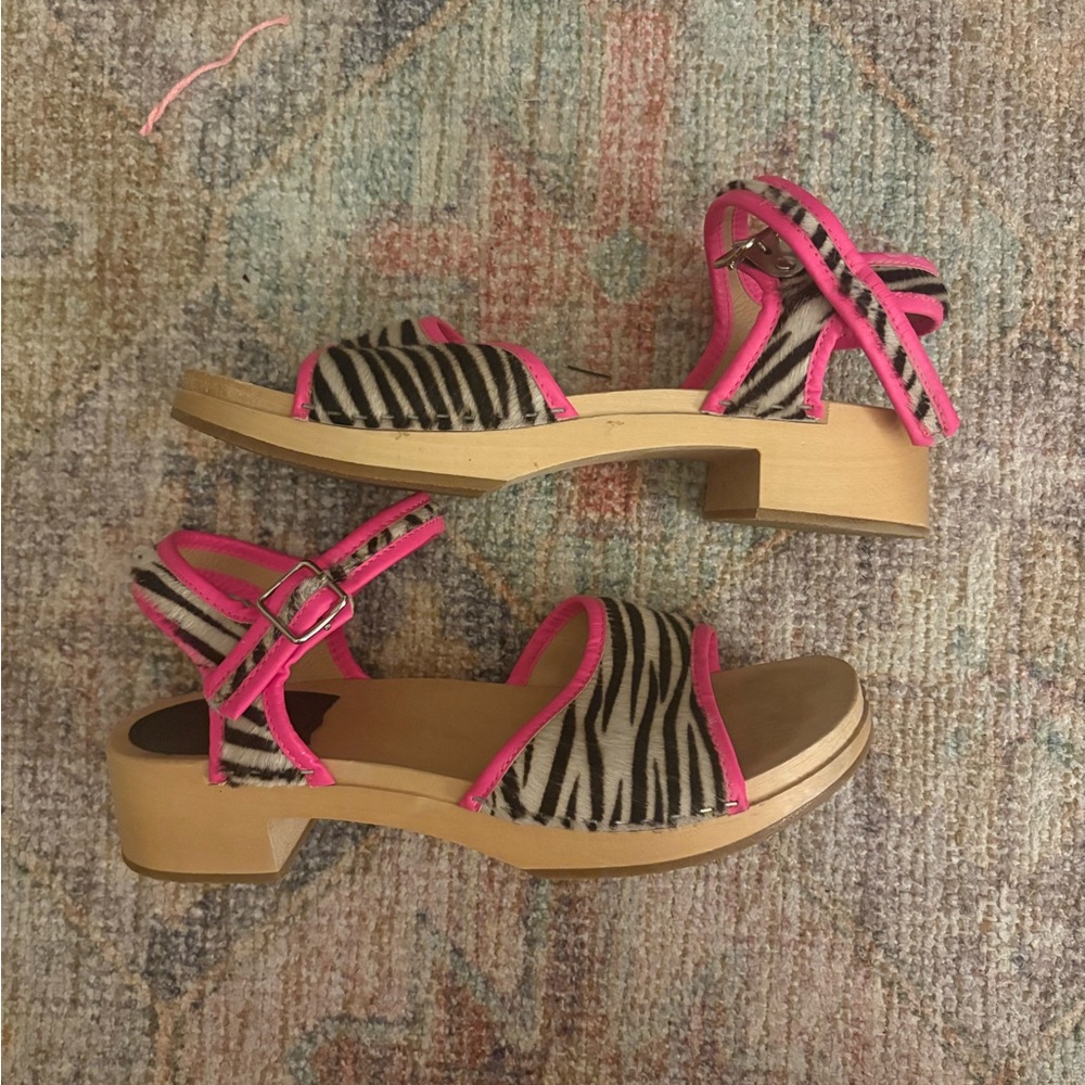 Swedish Hasbeens Zebra Print clog Sandals with Neon Pink Straps